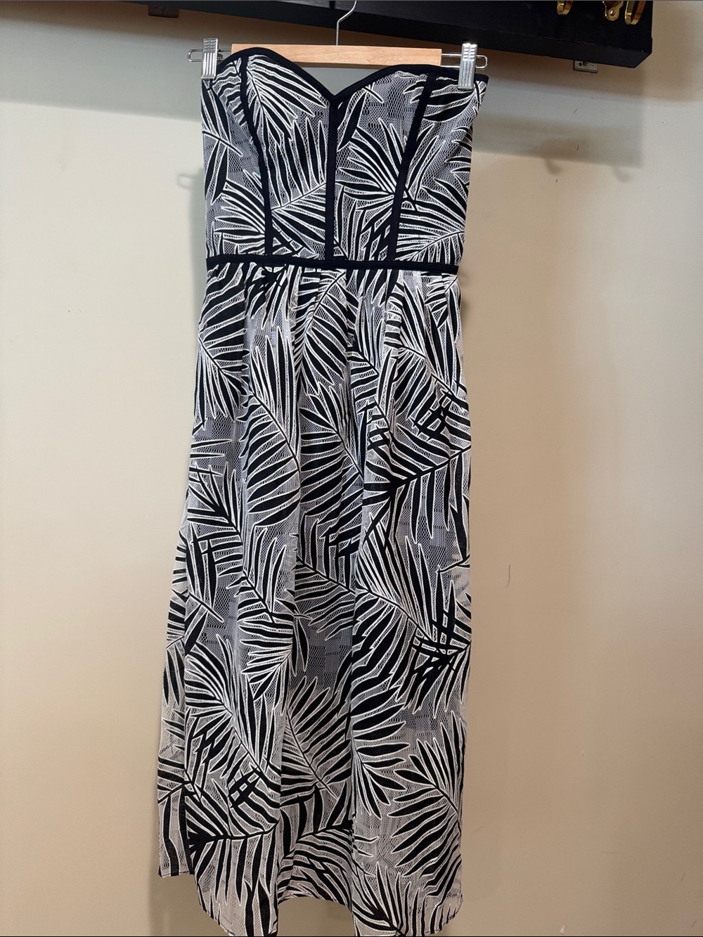 Parker Strapless Black and White Palm-Print Maxi Dress